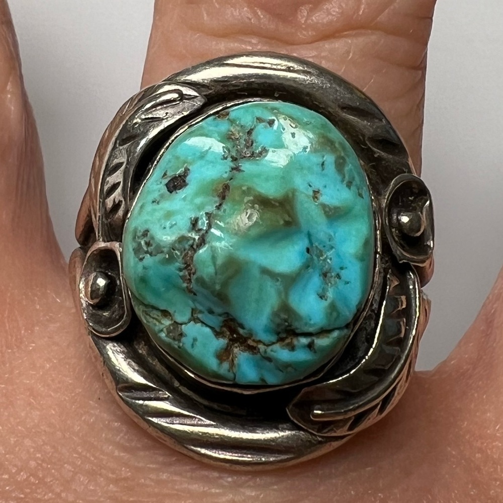 Chunky Turquoise Feather Sterling Silver 925 Ring, Size 10.75